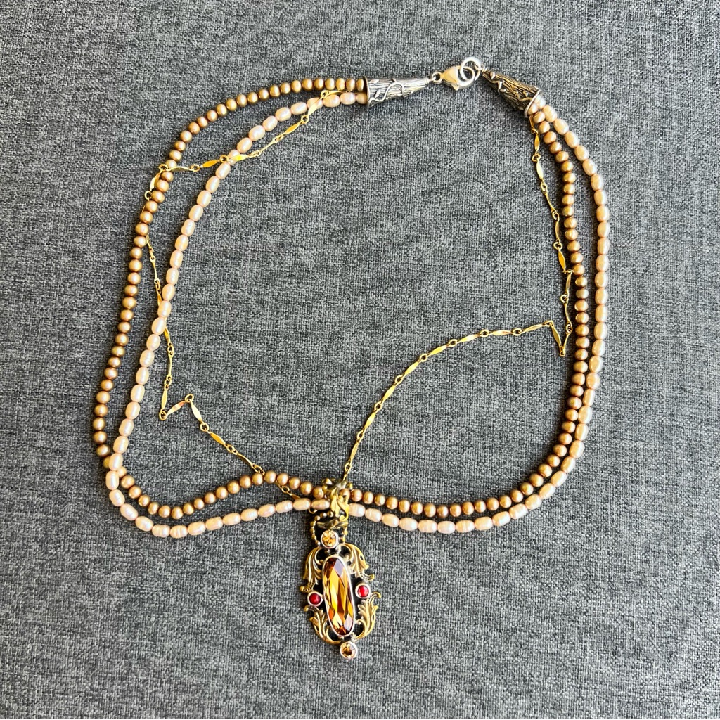 Vintage Mars And Valentine 3 Strand Necklace Gold Pearls Beads Citrine Pendant